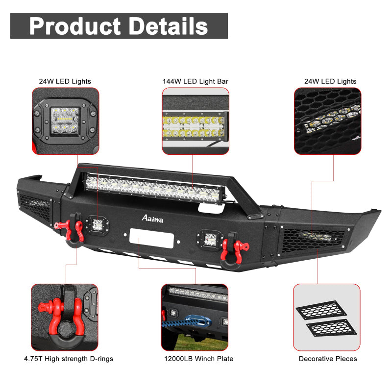 Heavy-duty Steel Front Bumper for 2005-2022 Nissan Frontier with LED lights & D-Rings & Sensor Holes-3