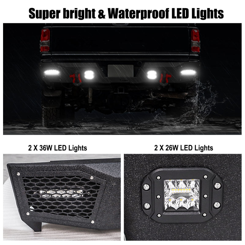 Heavy-duty Steel Rear Bumper for 1994-2001 RAM 1500 and 1994-2002 RAM 2500丨3500 with Winch Plate & LED lights & D-Rings & Sensor Holes -4
