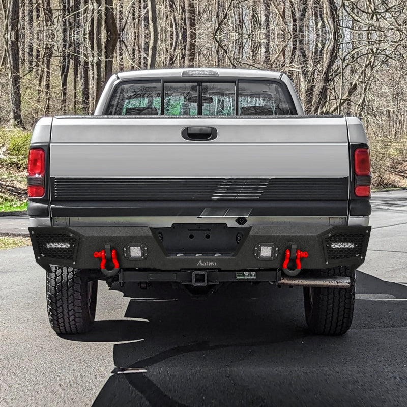 Heavy-duty Steel Rear Bumper for 1994-2001 RAM 1500 and 1994-2002 RAM 2500丨3500 with Winch Plate & LED lights & D-Rings & Sensor Holes -5