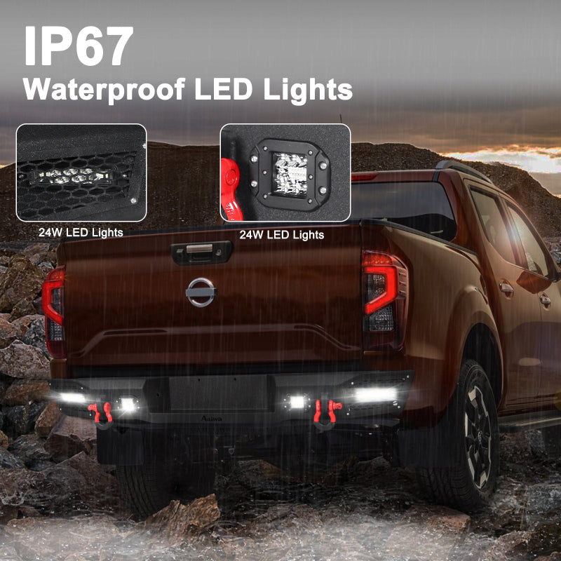 Heavy-duty Steel Rear Bumper for 2005-2022 Nissan Frontier with LED lights & D-Rings & Sensor Holes-5