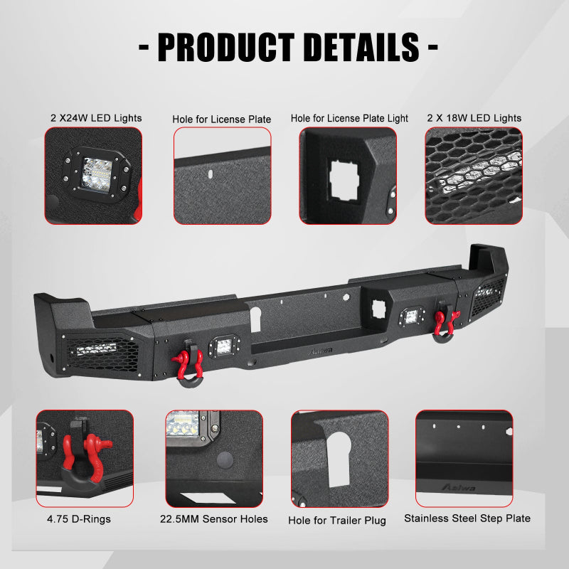 Heavy-duty Steel Rear Bumper for 2023-2026 F250F350F450 Super Duty With LED Lights & D-Rings & Sensor Holes-3