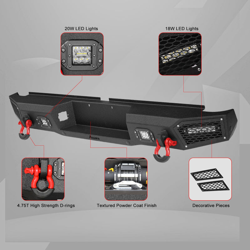 Heavy-duty Steel Rear Bumper for Toyota Tacoma 1995-2004 with LED Lights & D-Ring & Sensor Holes-5