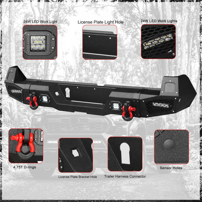 Heavy-duty Steel Rear Bumper for Toyota Tacoma 2024-2025 with LED Lights & D-Ring & Sensor Holes-3