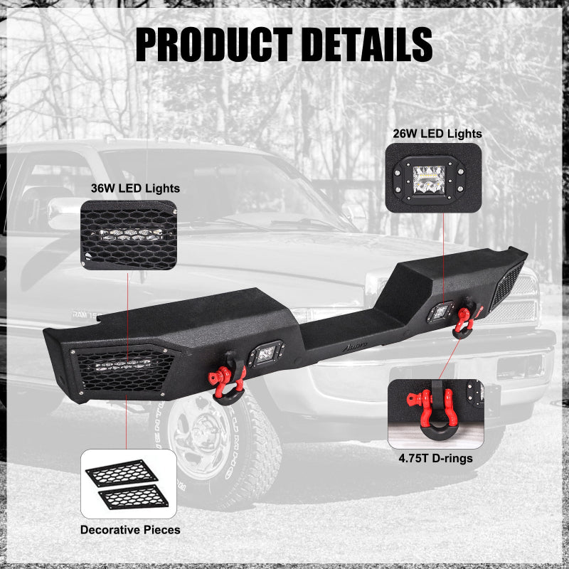 Heavy-duty Steel Rear Bumper for 1994-2001 RAM 1500 and 1994-2002 RAM 2500丨3500 with Winch Plate & LED lights & D-Rings & Sensor Holes -3