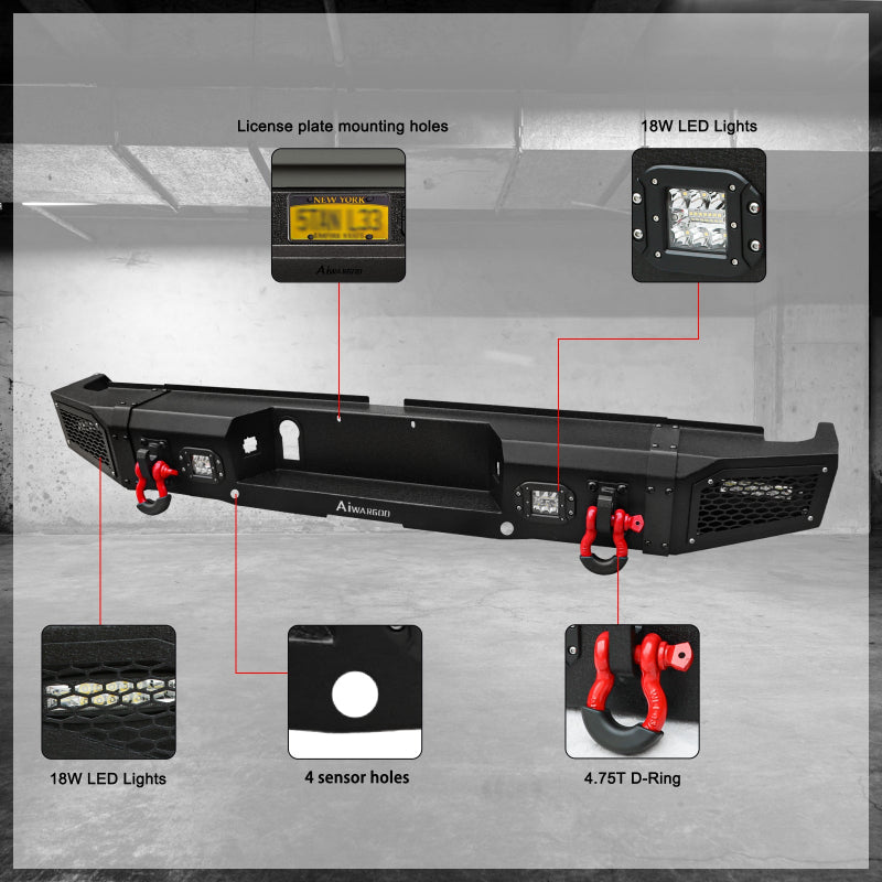 Heavy-duty Steel Rear Bumper for 2014-2021 Toyota Tundra with LED Lights & D-Rings & Sensor Holes-04