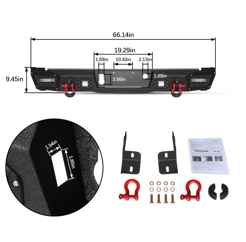 Heavy-duty Steel Rear Bumper for 2015-2022 Chevy Colorado with Sensor Holes & D-Rings & LED Lights