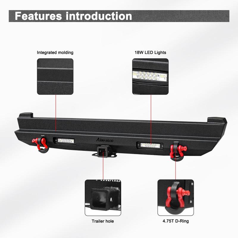 Rear Bumper for 1989-2001 Jeep Cherokee with LED Lights & D-Rings-3