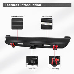 Rear Bumper for 1989-2001 Jeep Cherokee with LED Lights & D-Rings-3