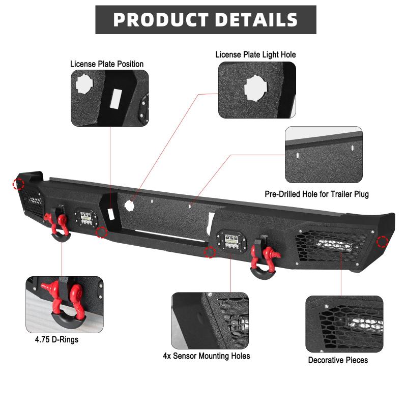 Rear Bumper for 2015-2022 Chevy Colorado with Sensor Holes & D-Rings & LED Lights-4