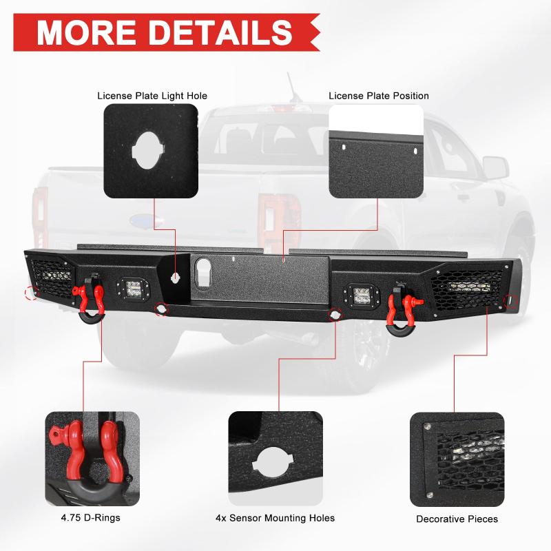 Rear Bumper Compatible with 2019-2024 Ford Ranger with LED Lights & D-Ring-3
