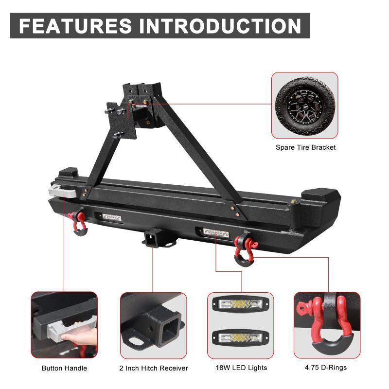 Rear Bumper Fit for 1984-2001 Jeep Cherokee with Tire Carrier LED Lights & D-rings -4