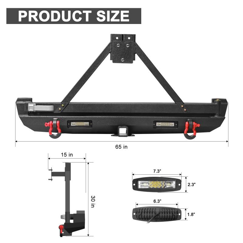 Rear Bumper Fit for 1984-2001 Jeep Cherokee with Tire Carrier LED Lights & D-rings -3