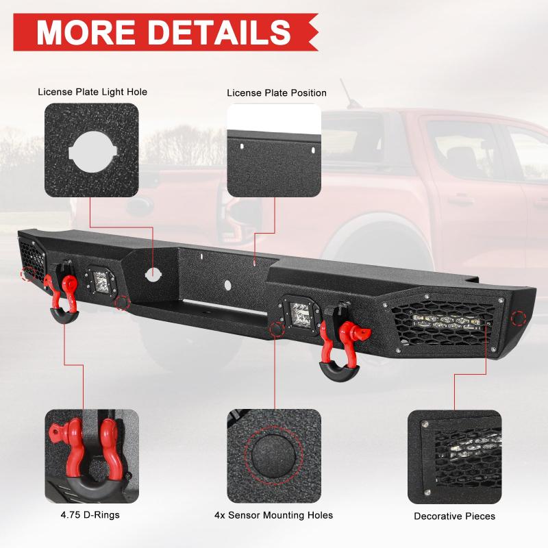 Rear Bumper with LED Light & D-Rings &Sensor Mounting Hole Compatible with 1993-2011 Ford Ranger-3