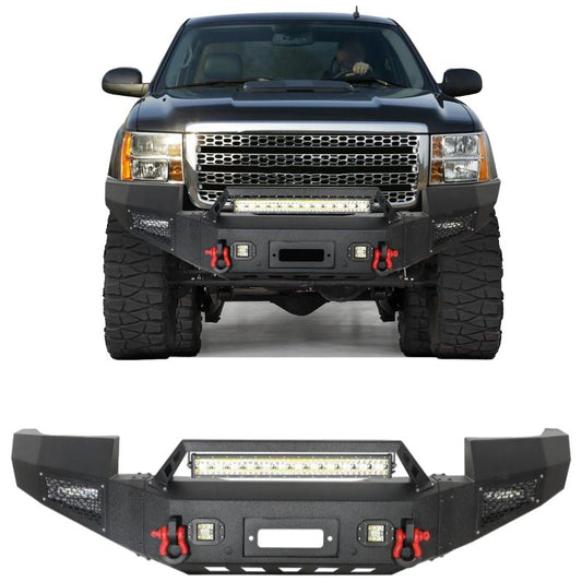 Heavy-duty Steel Front Bumper for 2011-2014 GMC Sierra 2500HD/3500HD & 2011-2014 Chevrolet Silverado 2500HD/3500HD with LED Lights & D-Rings & Sensor Holes