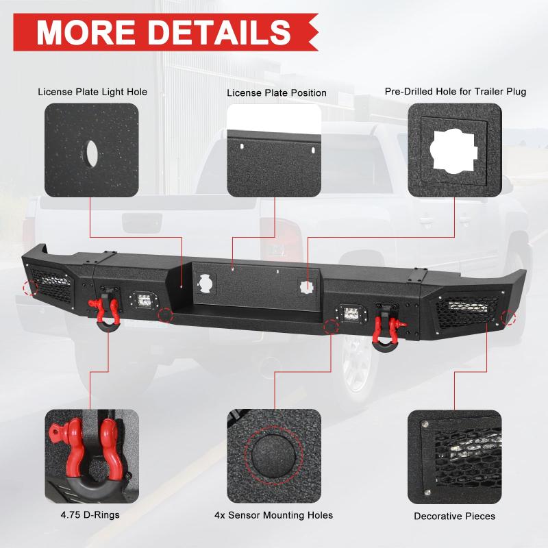 Steel Rear Bumper for GMC Sierra 2500/3500 with LED Light Bar & D-rings &Winch Plate-3