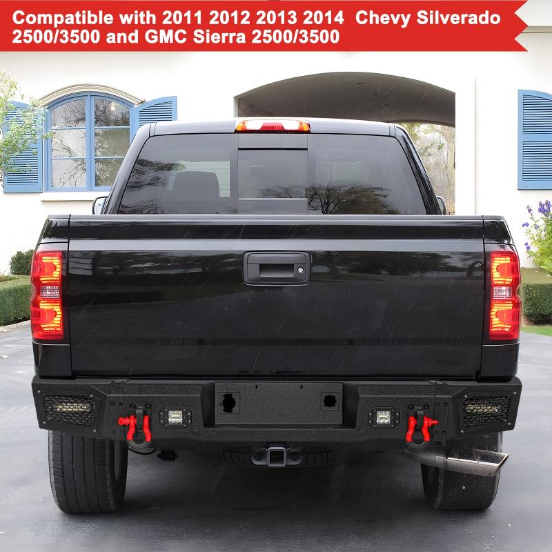Steel Rear Bumper for GMC Sierra 2500/3500 with LED Light Bar & D-rings &Winch Plate-7