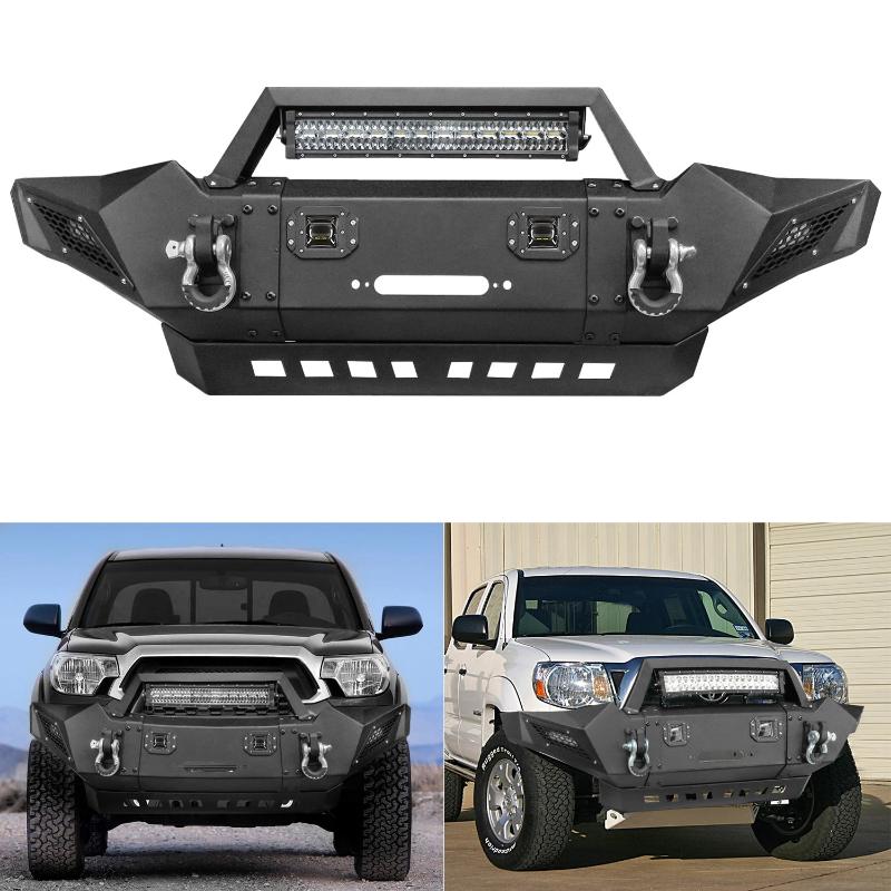 Upgraded Front Bumper Fit for 2005-2015 Toyota Tacoma with D-ring and Winch Plate and LED Lights-2