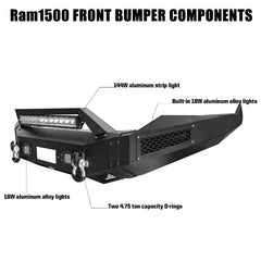 With Winch Plate and LED Lights Front Bumper Compatible with 2013-2018 RAM 1500 Pickup (Exclude Rebel)