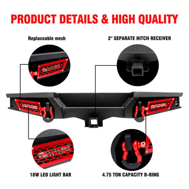 For 2007-2018 Jeep Wrangler JK JKU Steel Rear Bumper with LED Lights & D-Rings-7