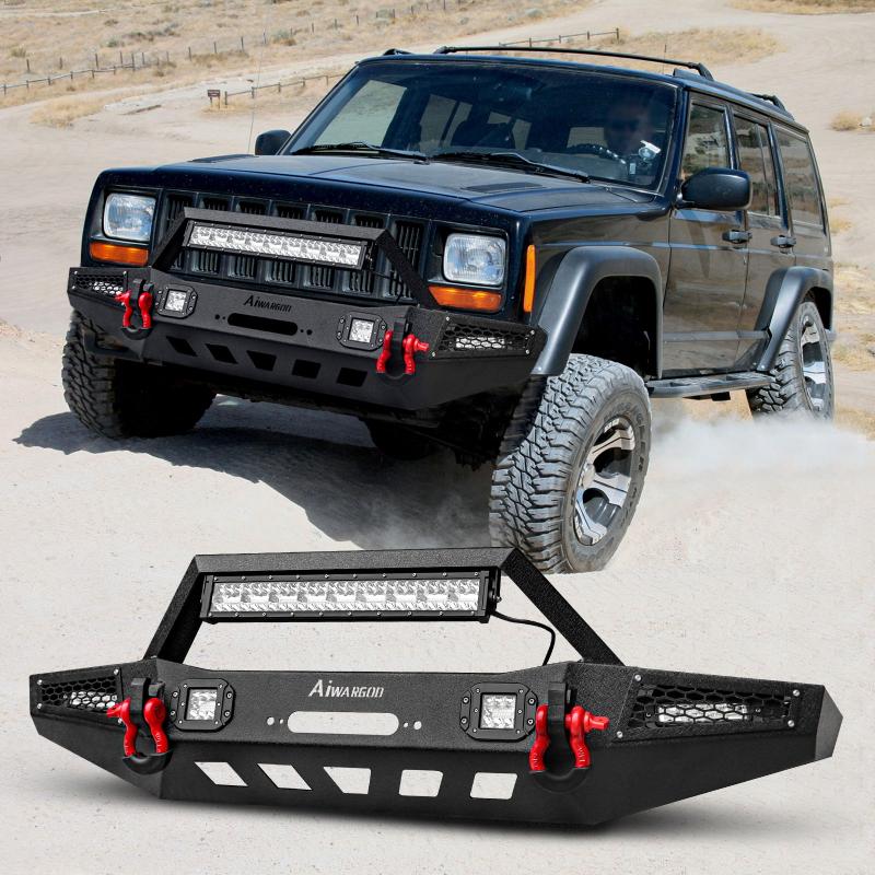 Front Bumper for 1983-2001 Jeep Cherokee XJ with D-Rings & Winch Plate & LED Lights-4