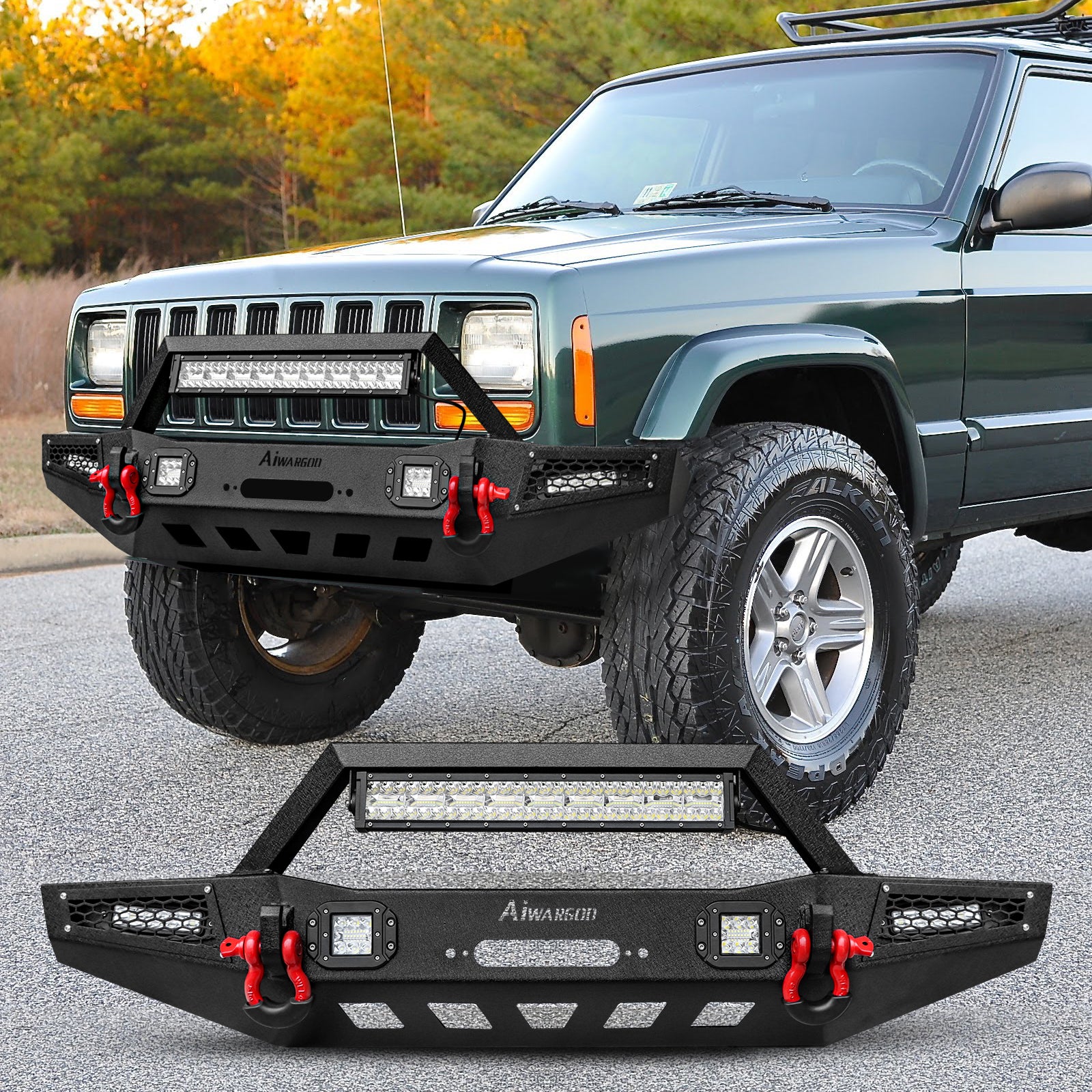 Front Bumper for 1983-2001 Jeep Cherokee XJ with D-Rings & Winch Plate & LED Lights-7