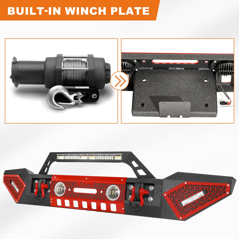 Front Bumper for 2007-2023 Wrangler JKJL&2020-2021-2022-2023 Gladiator JT with D-Rings & Winch Plate & LED Lights-6