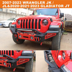 Front Bumper for 2007-2023 Wrangler JKJL&2020-2021-2023 Gladiator JT with D-Rings & Winch Plate & LED Lights-2