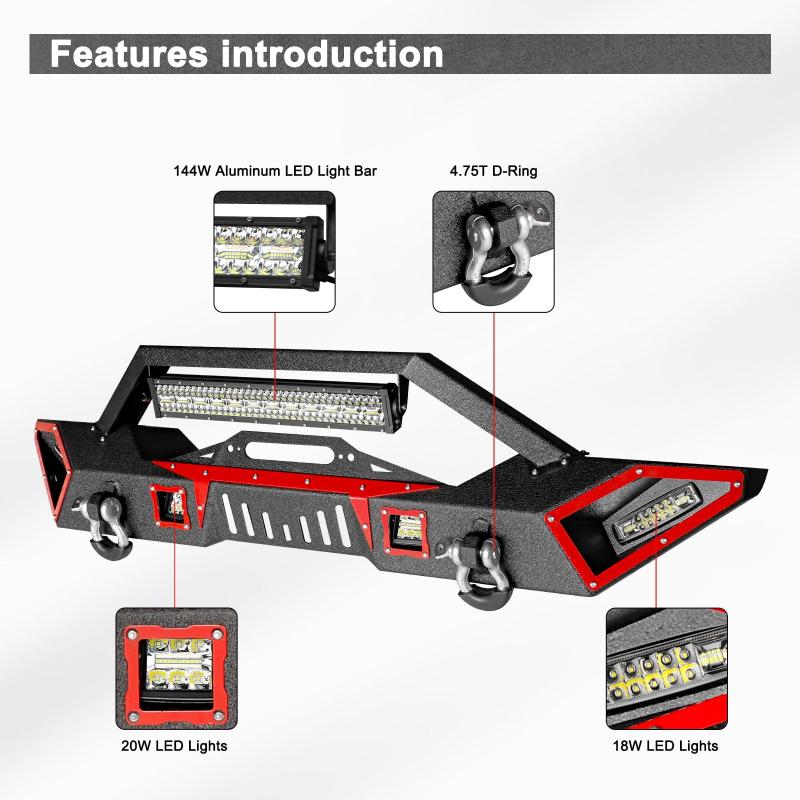 Front Bumper for 2007-2023 Wrangler JKJL&2020-2021-2023 Gladiator JT with Winch Plate & LED Lights & D-Rings-3