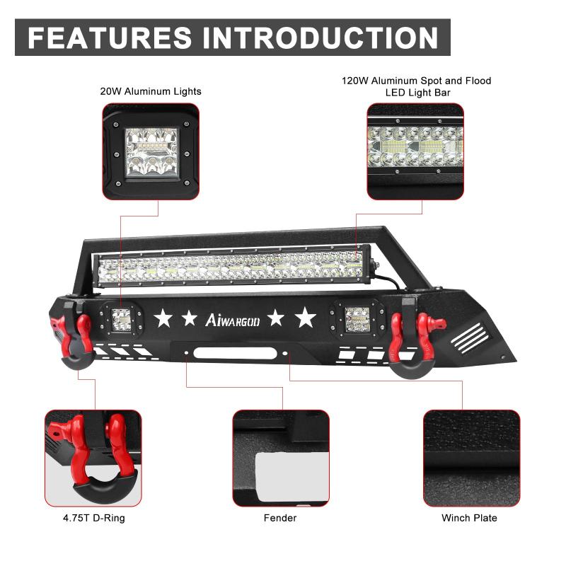 Front Bumper for 2016-2022 Toyota Tacoma with D-Rings & Winch Plate & LED Lights-4