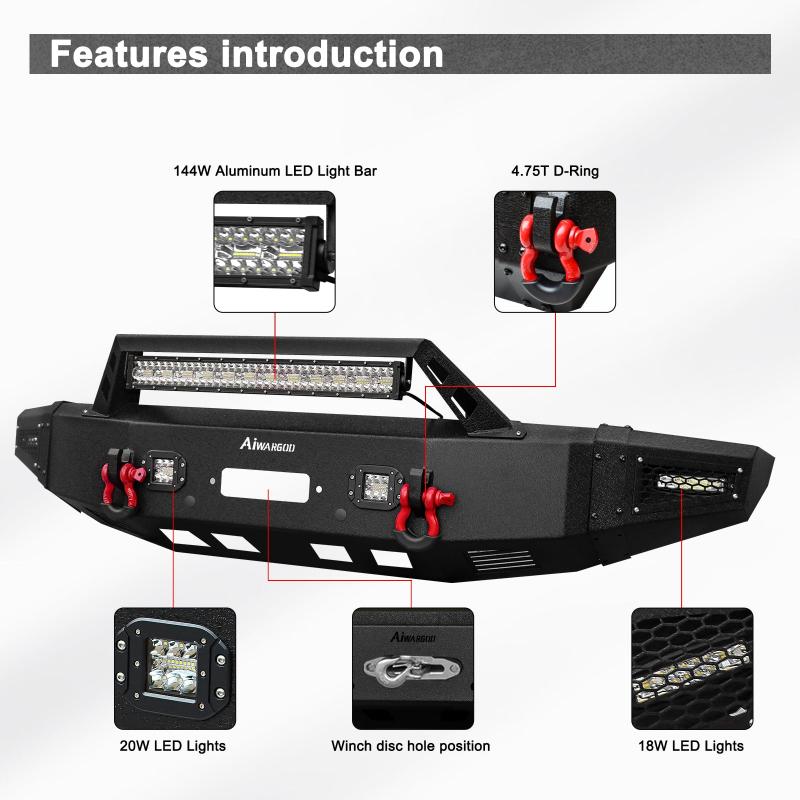 Front Bumper for 2019-2022 RAM 1500 Pickup with Winch Plate & LED Lights & Sensor holes-3