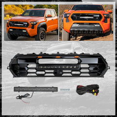 Front Replacement Grille for 2024–2025 Toyota Tacoma Gloss Black ABS Grille with LED Light Bar & Amber Marker Lights