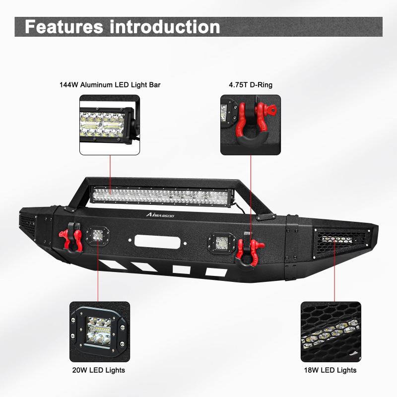 Front Bumper Compatible with 2014-2021 Toyota Tundra with Winch Plate & LED Lights-3