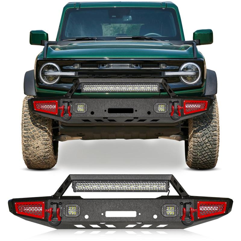 Front Bumper Rock Crawler Off Road Suitable for 2021-2024 Ford Bronco with Winch Plate & LED Lights & D-Ring & Sensor Mounting Hole-2