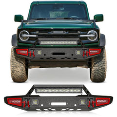 Front Bumper Rock Crawler Off Road Suitable for 2021-2024 Ford Bronco with Winch Plate & LED Lights & D-Ring & Sensor Mounting Hole-2