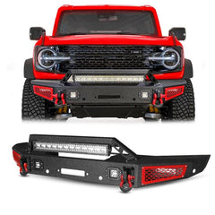 Front Bumper Rock Crawler Off Road Suitable for 2021-2024 Ford Bronco with Winch Plate & LED Lights & D-Ring & Sensor Mounting Hole-6