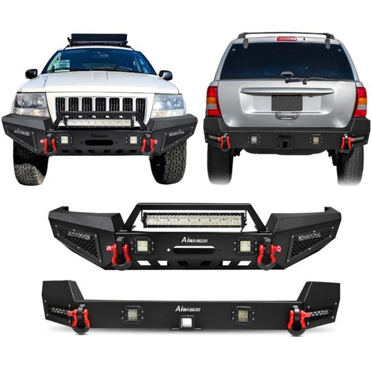 Front Bumper and Rear Bumper for 1999-2004 CherokeeWJ with D-Rings Winch Plate LED Lights