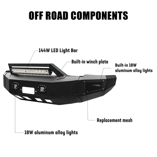 Heavy-duty Steel Front Bumper for 2010-2018 RAM 2500丨3500 with Winch Plate & LED lights & D-Rings & Sensor Holes