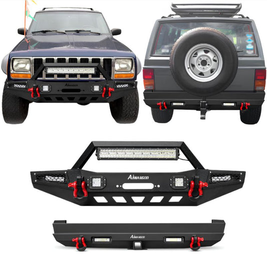Front and Rear Bumper for 1983-2001 Jeep Cherokee XJ with D-Rings & Winch Plate & LED Lights-Main