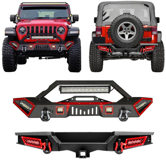 Front and Rear Bumper for 2007-2018 Wrangler JK with Winch Plate & LED Lights & D-Rings