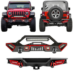 Front and Rear Bumper for 2007-2018 Wrangler JK with Winch Plate & LED Lights & D-Rings