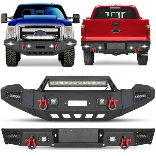 Front and Rear Bumper for 2011-2016 Ford F250F350F450F550 with Winch Plate & LED Lights & D-Rings & Sensor Holes-1