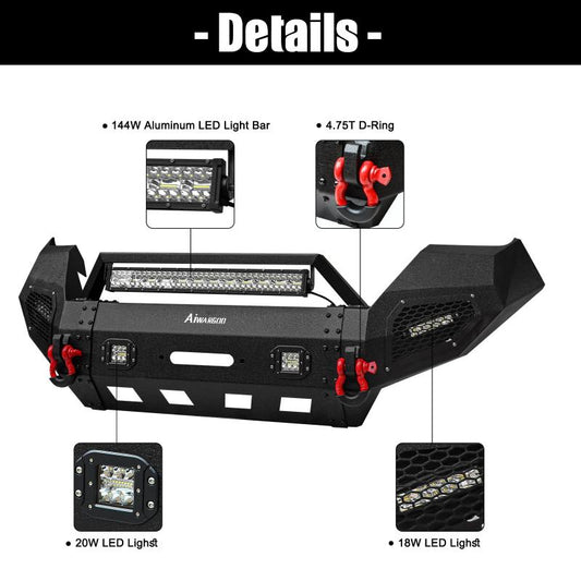 Front and Rear Bumper for 2016-2023 Toyota Tacoma with D-Rings & Winch Plate & LED Lights-3