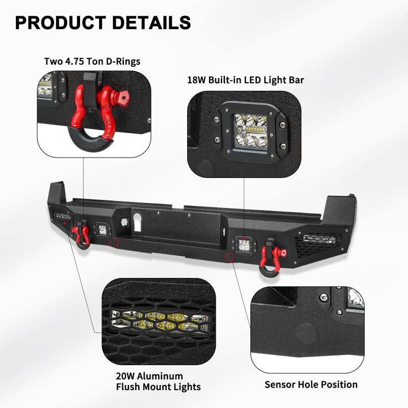 Front and Rear Bumper for 2016-2022 Toyota Tacoma with D-Rings & Winch Plate & LED Lights-7