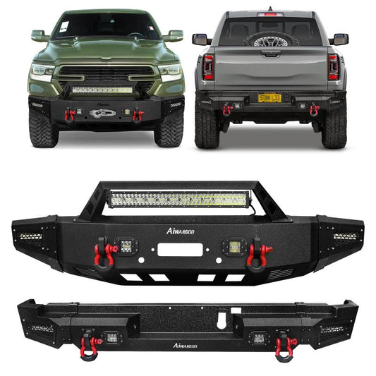 Front and Rear Bumper for 2019-2022 RAM 1500 Pickup with Winch Plate & LED Lights & Sensor Holes-1