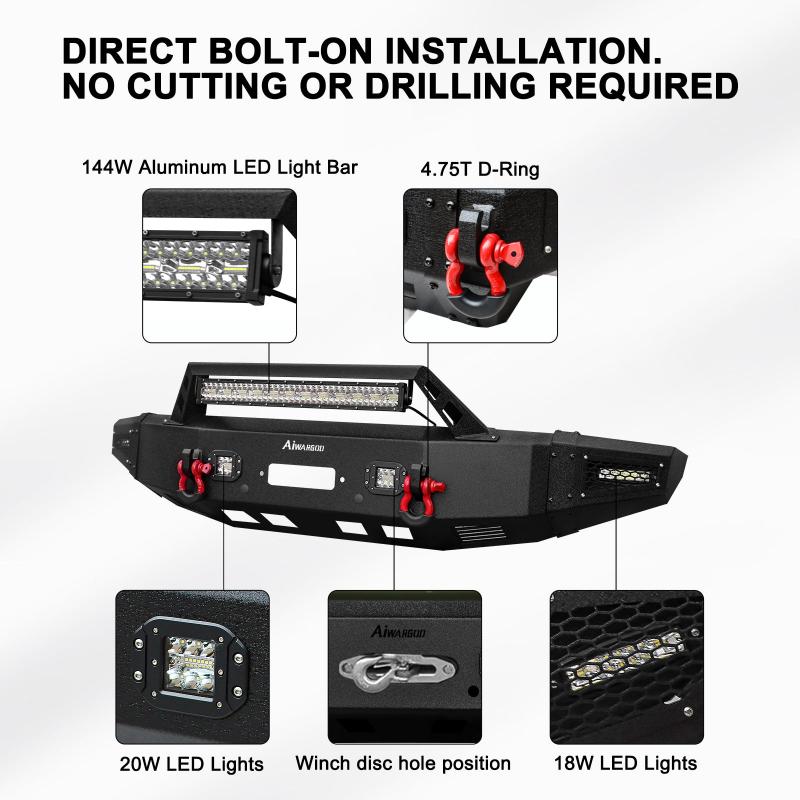 Front and Rear Bumper for 2019-2022 RAM 1500 Pickup with Winch Plate & LED Lights & Sensor Holes-6