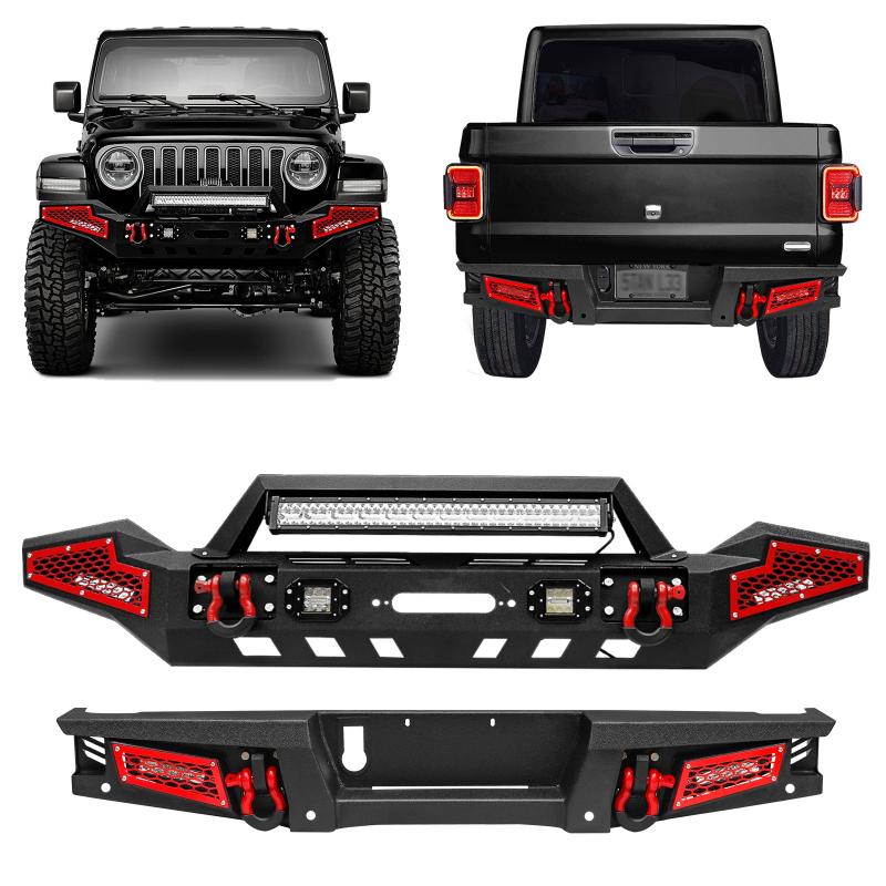 Front and Rear Bumper for 2020-2022 Jeep Gladiator JT with Winch Plate & LED Lights & D-Rings-1