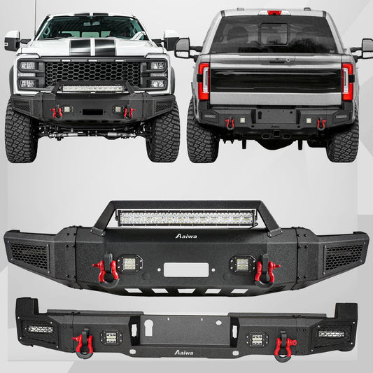 Front and Rear Bumper for 2023-2026 Ford F250/F350 with Winch Plate & LED Lights & D-Rings & Sensor Holes