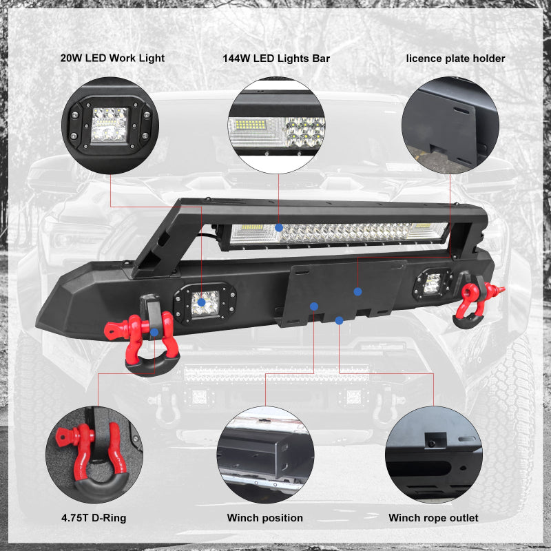 Heavy-duty Steel Front Bumper for 2016-2022 Toyota Tacoma with Licence Plate Holder & D-Rings & Winch Plate & LED Lights-3