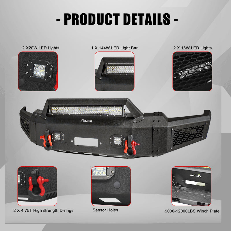 Heavy-duty Steel Front Bumper for 2023-2026 Ford F250F350F450 with Winch Plate & LED Lights & D-Rings & Sensor Holes-3
