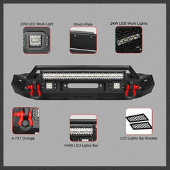 Heavy-duty Steel Front Bumper for 2024-2025 Toyota Tacoma with D-Rings & Winch Plate & LED Lights-4